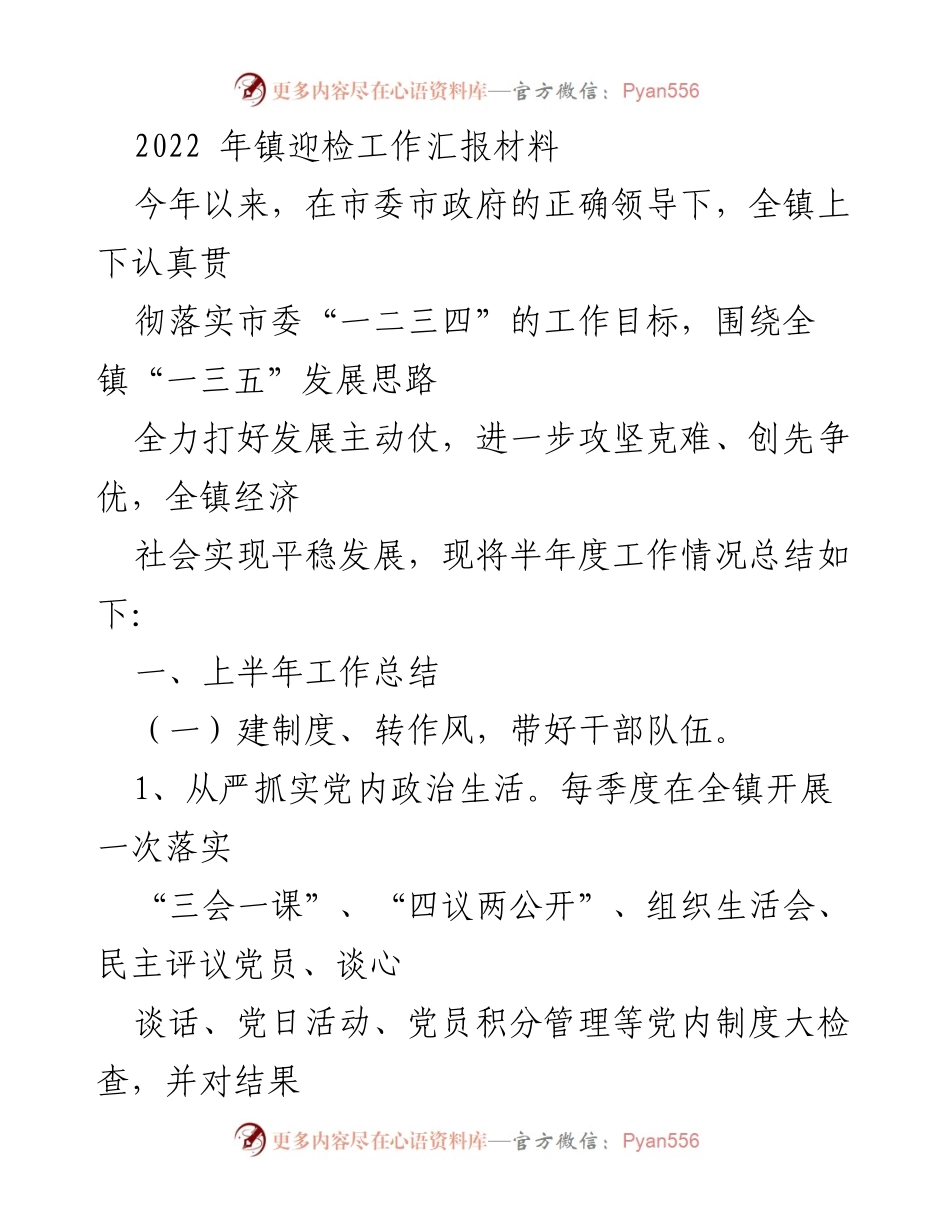 [工作总结] 镇迎检工作 - 2022年镇迎检工作半年度总结报告.docx_第1页