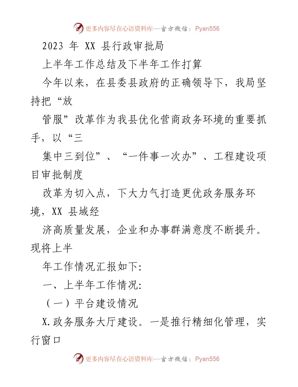 [工作总结] 行政审批局 - 2023年上半年工作总结及下半年工作计划.docx_第1页