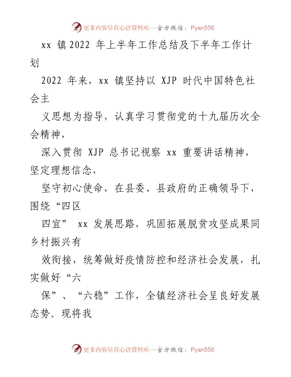 [工作总结] 镇政府 - xx 镇2022年上半年工作总结及下半年工作计划_1.docx_第1页