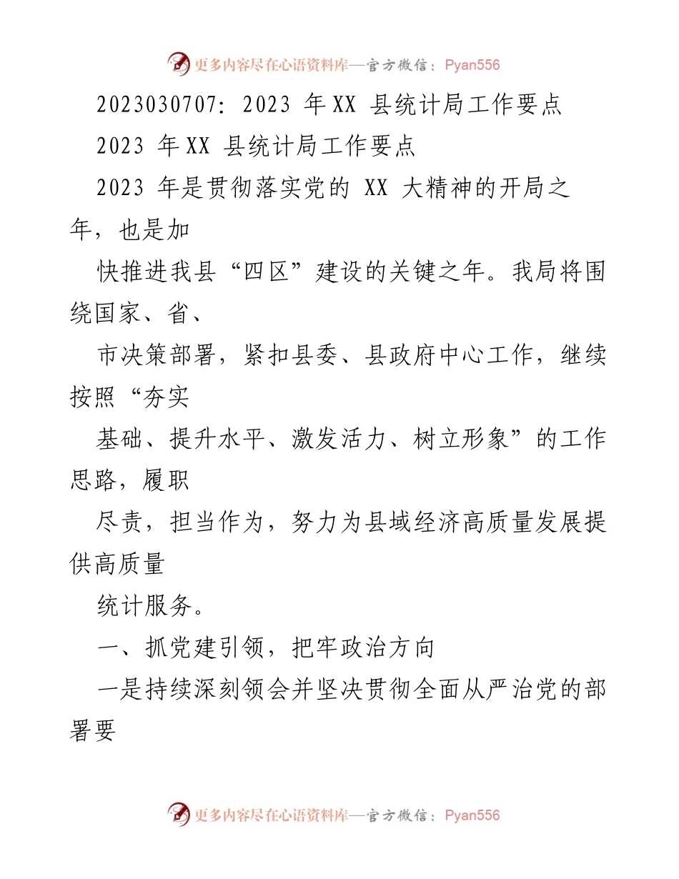 [工作总结] 统计局工作会议 - 2023年XX县统计局工作要点与发展策略.docx_第1页
