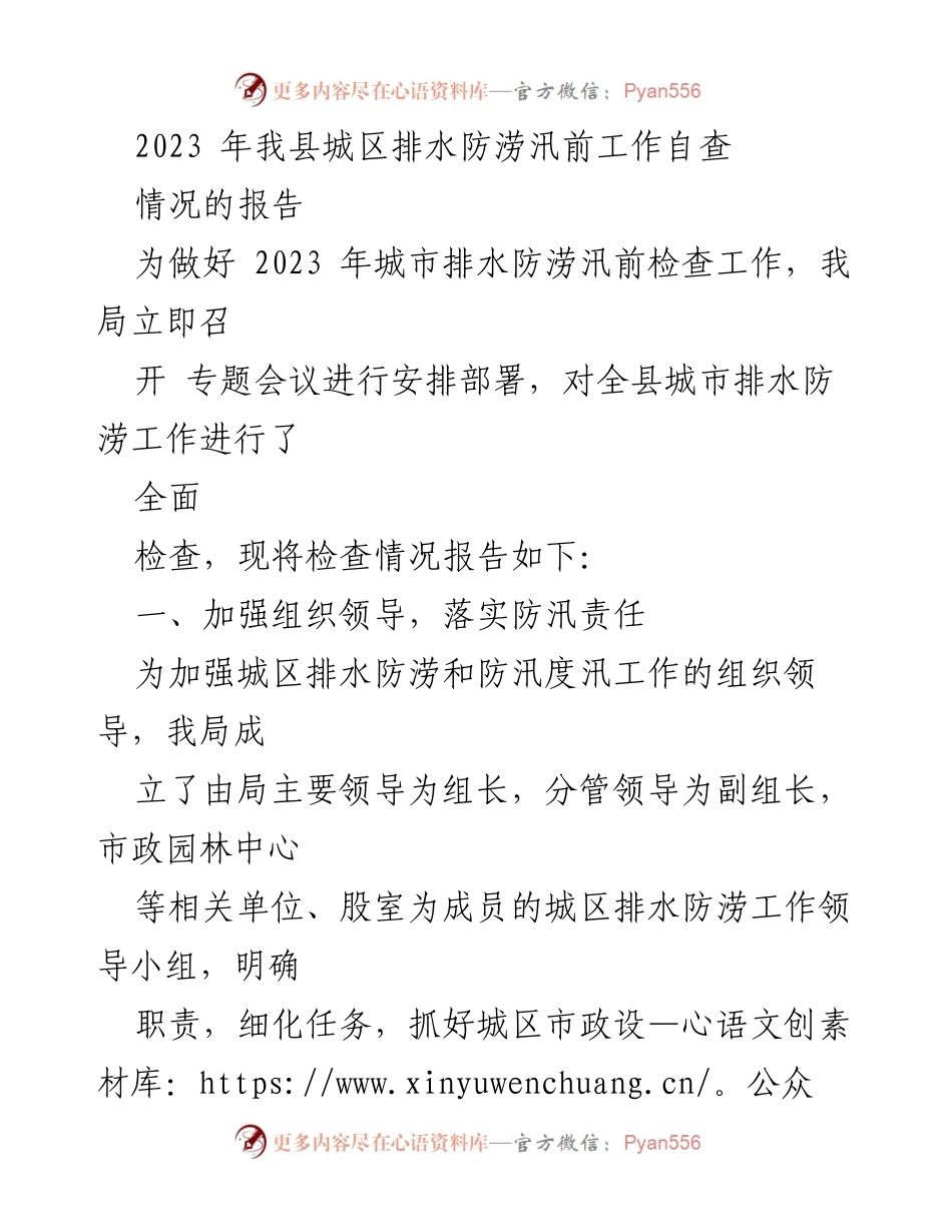 [工作总结] 防汛准备 - 2023年城区排水防涝汛前自查报告.docx_第1页