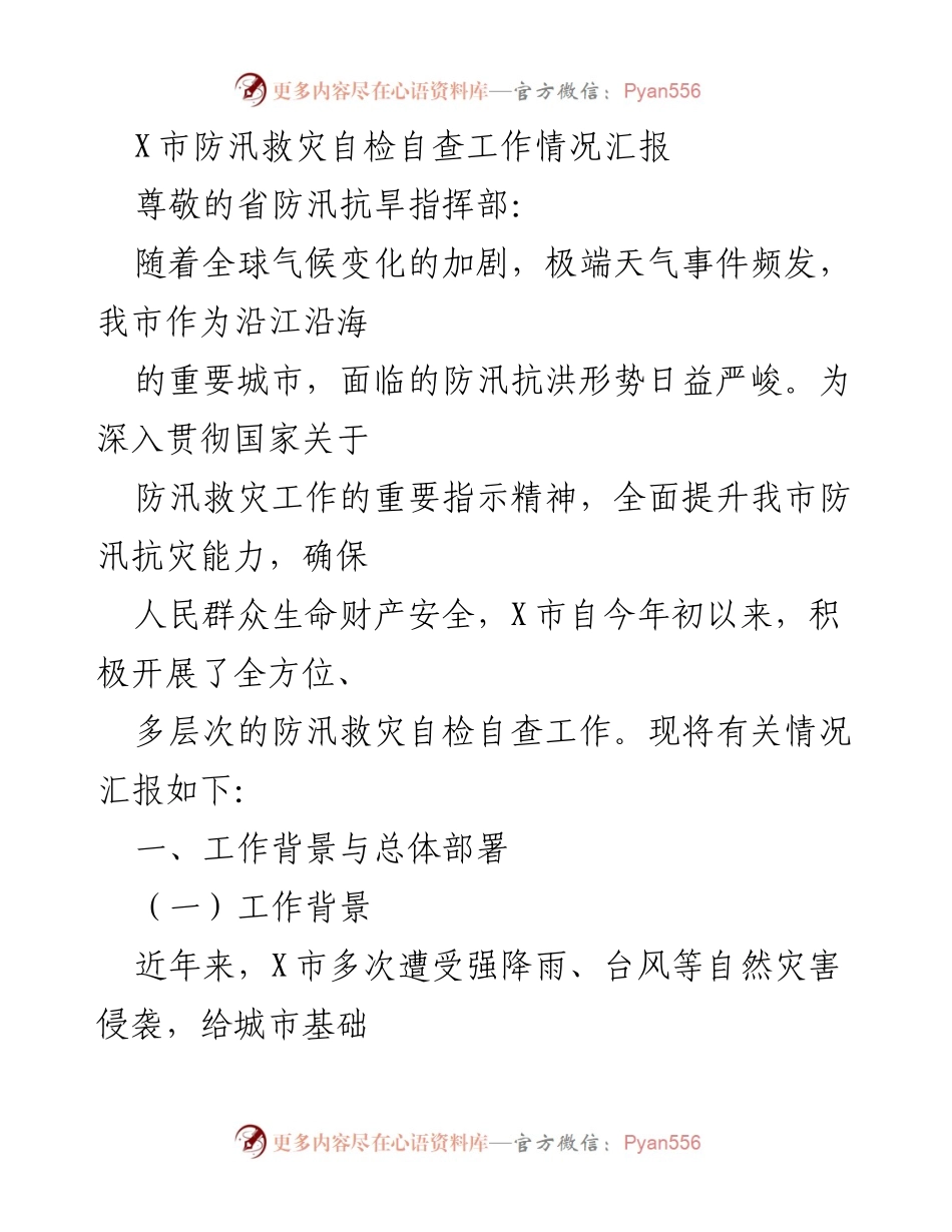 [工作总结] 防汛救灾 - X市防汛救灾自检自查工作情况汇报.docx_第1页