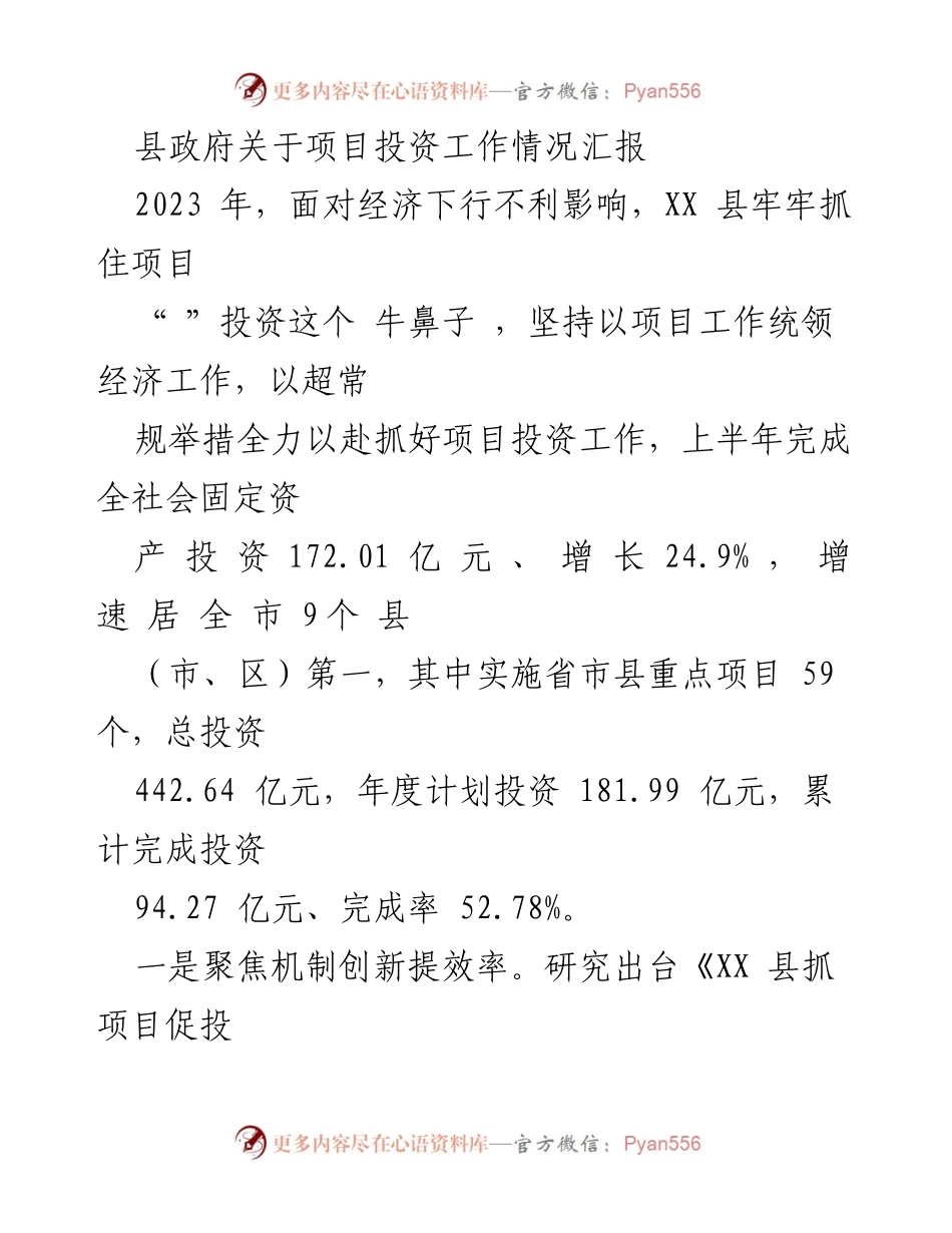 [工作总结] 项目投资工作汇报 - 加强项目投资，推动经济增长的举措与成效.docx_第1页