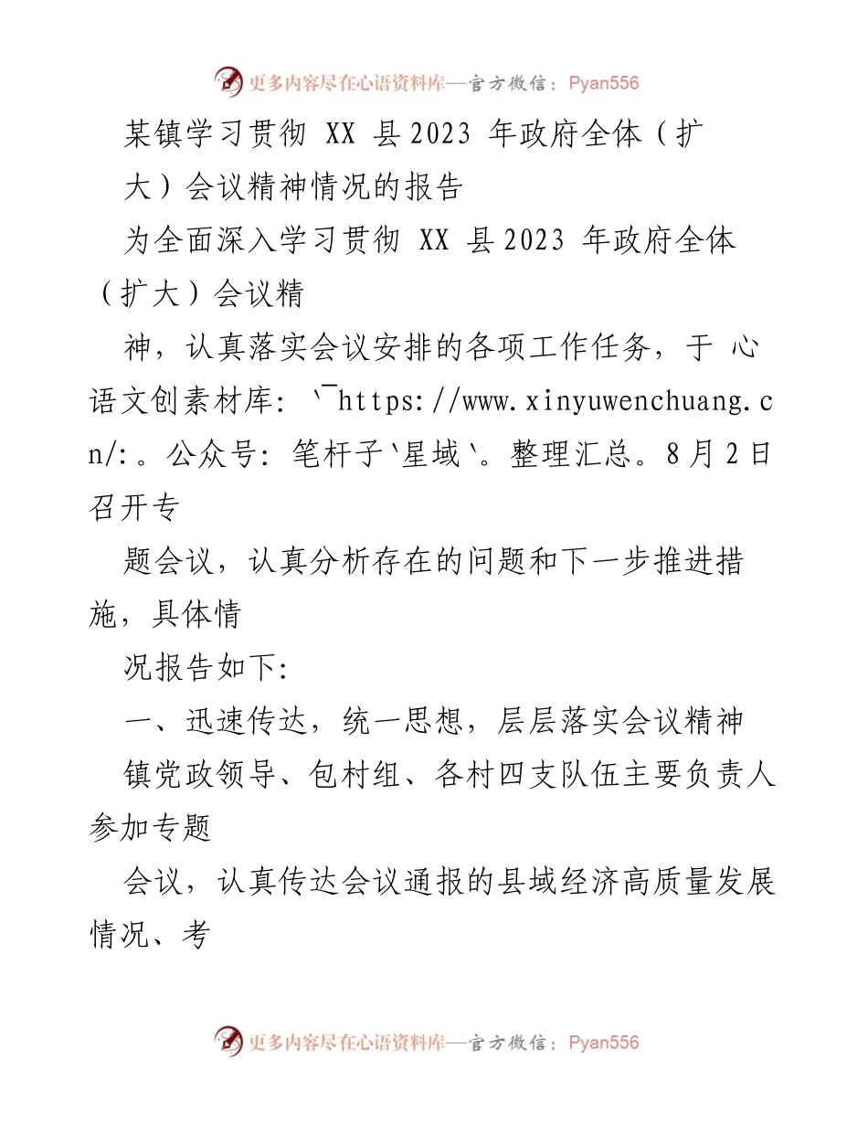 [工作总结] 镇政府 - 学习贯彻XX县2023年政府全体（扩大）会议精神情况报告.docx_第1页