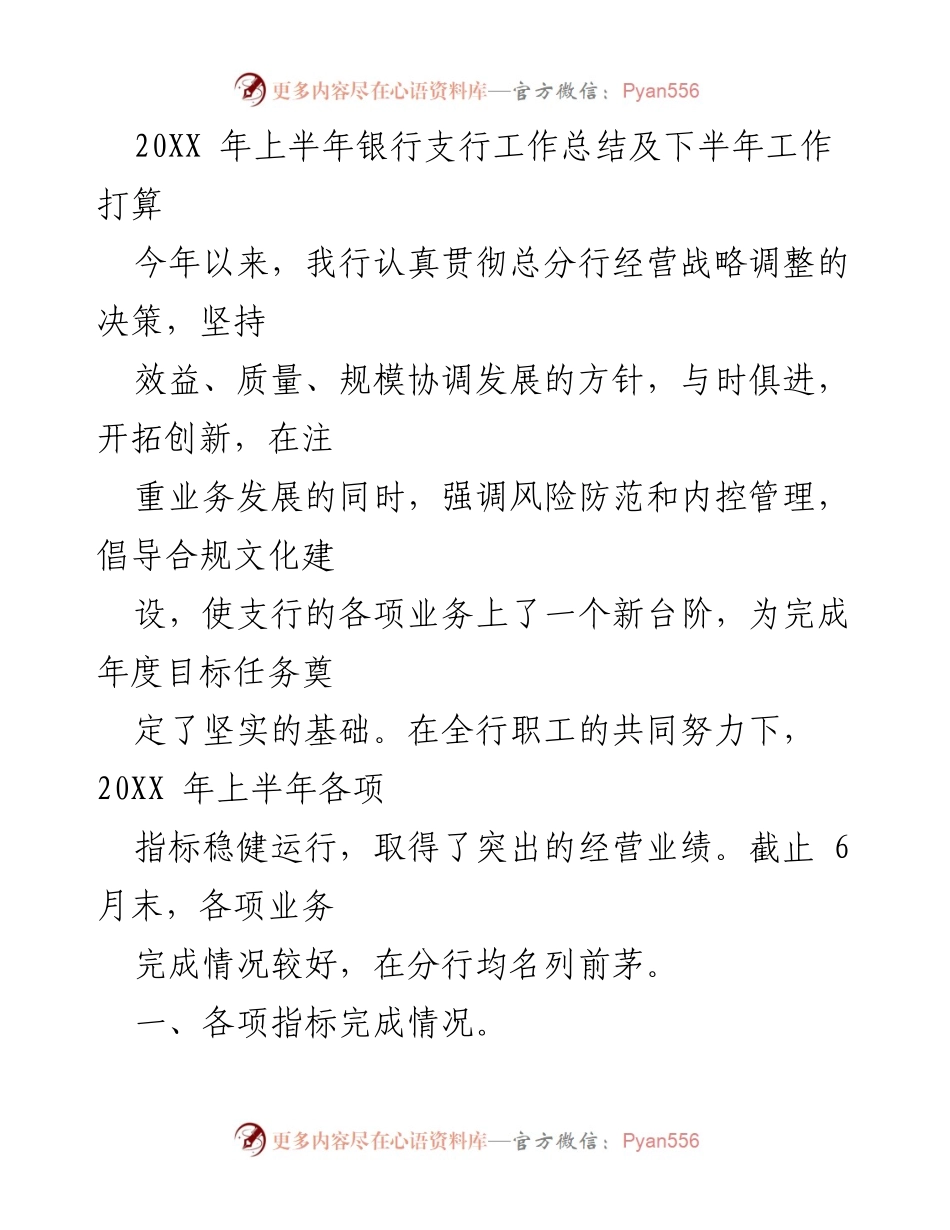 [工作总结] 银行支行 - 20XX年上半年工作总结及下半年工作计划.docx_第1页