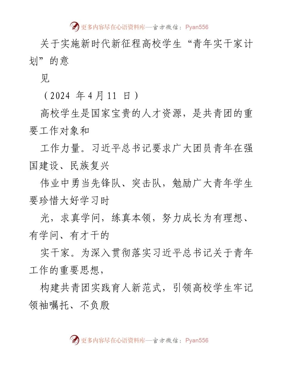 [工作意见] 高校 - 实施新时代新征程高校学生“青年实干家计划”的意见.docx_第1页