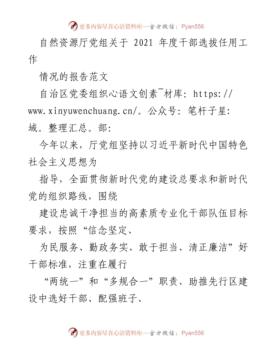 [工作总结] 自然资源厅 - 2021年度干部选拔任用工作情况报告_1.docx_第1页
