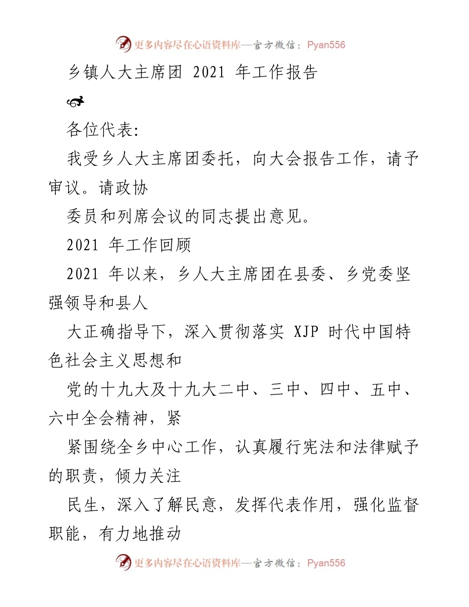 [工作报告] 乡镇人大会议 - 2021年乡镇人大主席团工作总结报告.docx_第1页