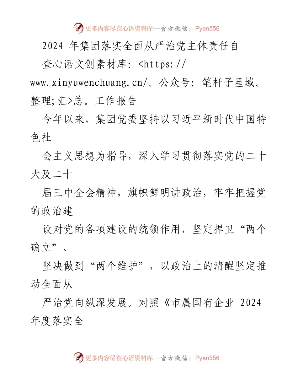 [工作总结] 集团党委 - 2024年全面从严治党主体责任自查工作报告.docx_第1页