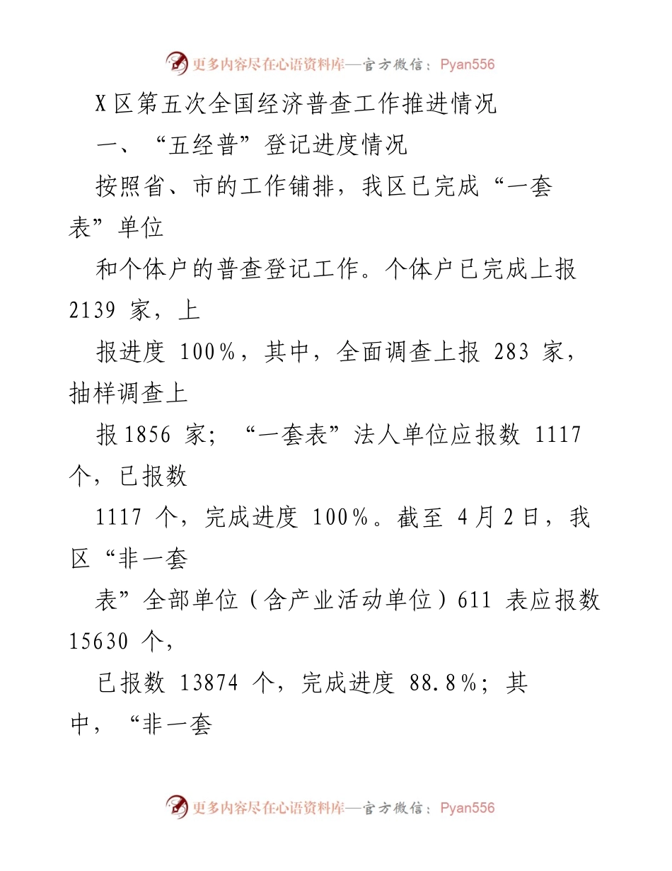 [工作总结] 经济普查 - X区第五次全国经济普查工作推进情况_1.docx_第1页