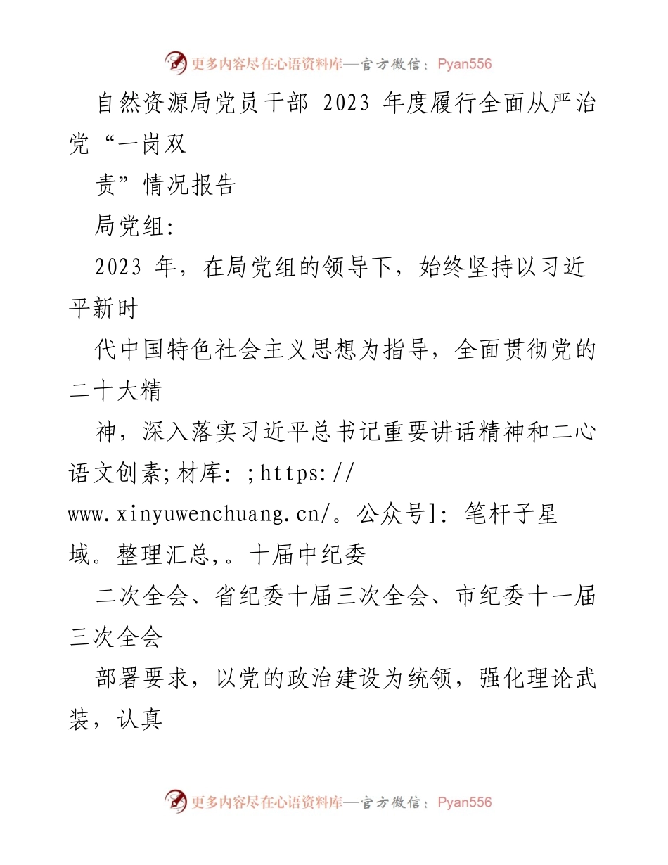 [工作总结] 自然资源局 - 2023 年度全面从严治党“一岗双责”履行情况报告.docx_第1页