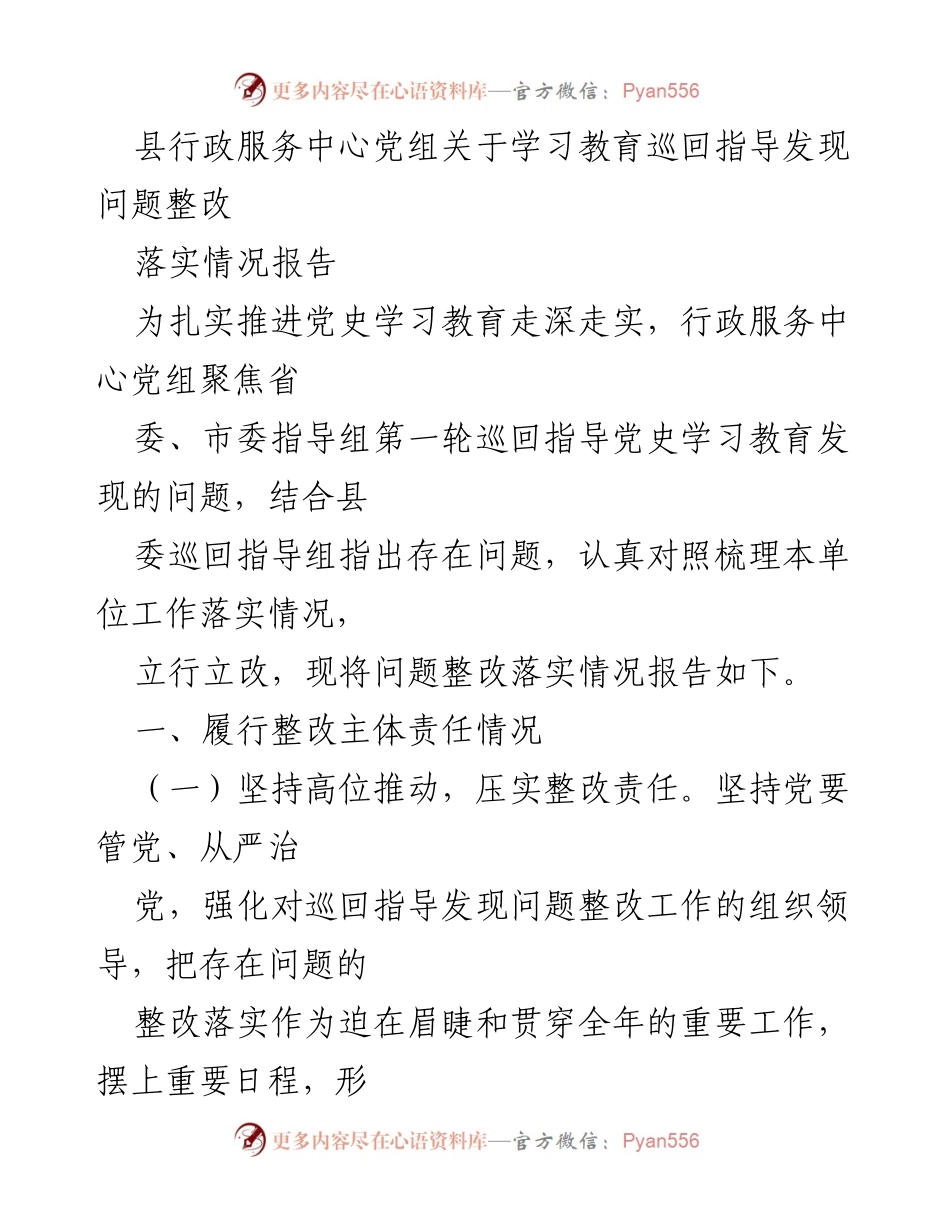 [工作总结] 行政服务中心 - 学习教育巡回指导问题整改落实情况报告.docx_第1页