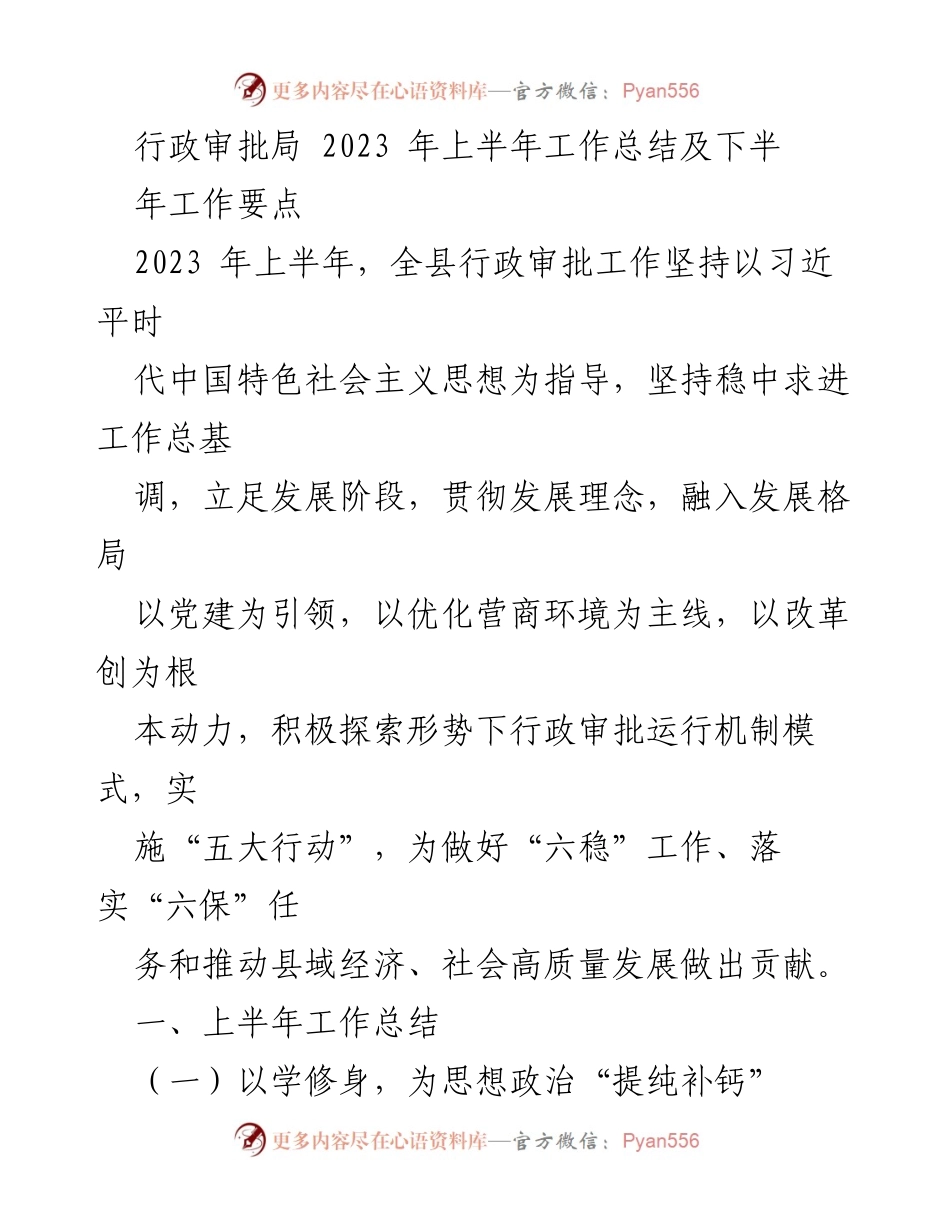 [工作总结] 行政审批局 - 2023年上半年行政审批工作总结及下半年工作要点.docx_第1页