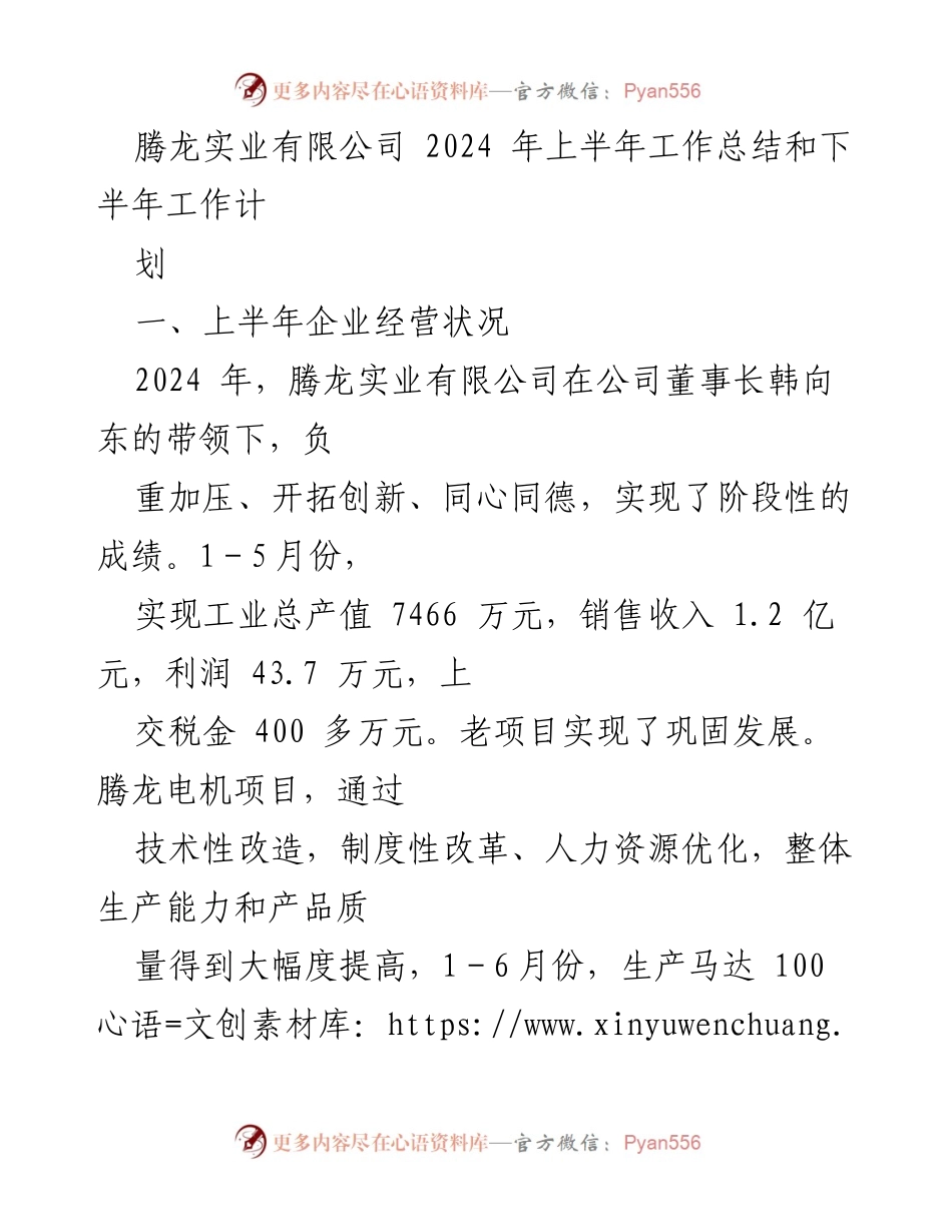[工作总结] 腾龙实业有限公司 - 2024年上半年工作总结与下半年计划.docx_第1页