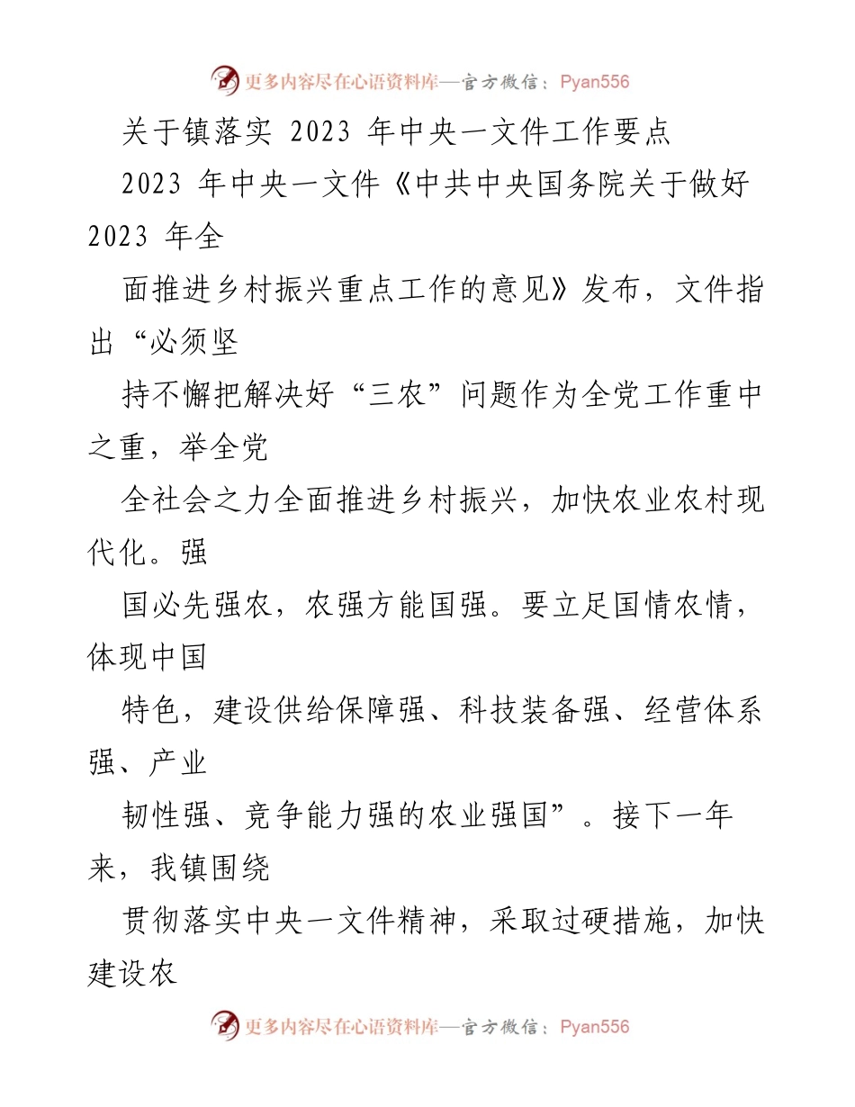 [工作总结] 镇政府 - 2023年中央一文件落实工作要点总结.docx_第1页