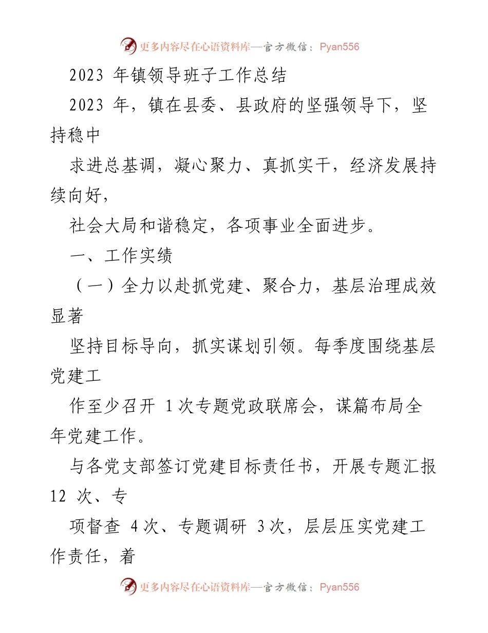 [工作总结] 镇领导班子 - 2023年镇领导班子工作总结与经济发展成效分析.docx_第1页