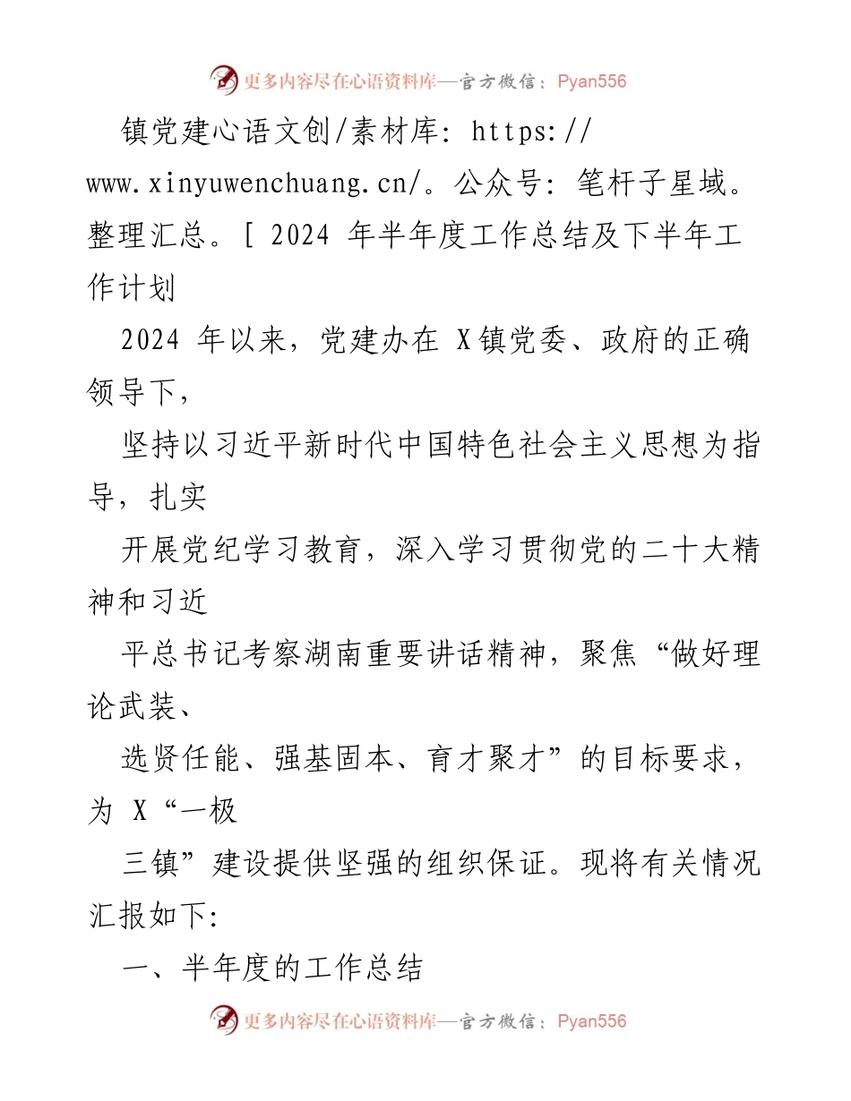 [工作总结] 镇党建 - 2024年上半年党建工作总结及下半年计划.docx_第1页