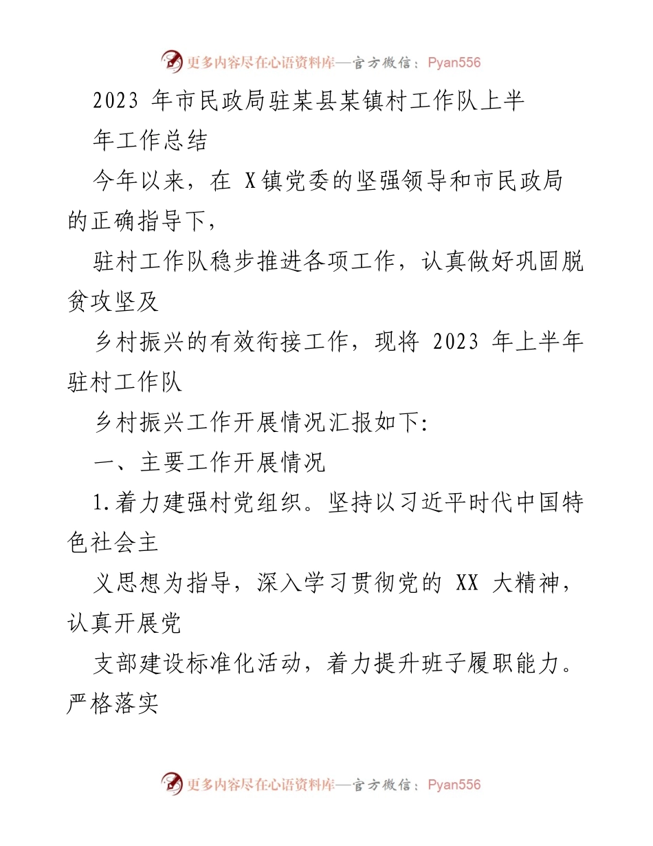 [工作总结] 驻村工作 - 2023年上半年驻村工作队乡村振兴工作总结_1.docx_第1页