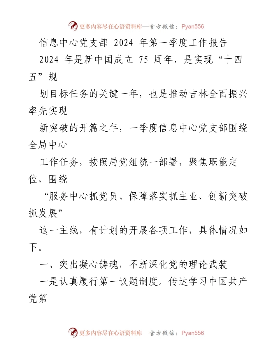 [工作报告] 信息中心党支部 - 2024年第一季度工作总结与展望.docx_第1页