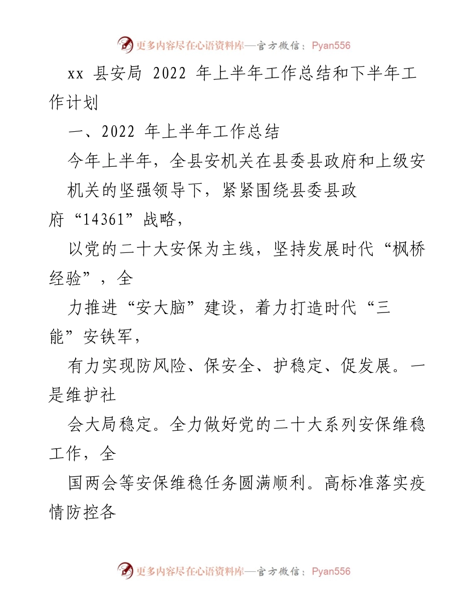[工作总结与计划] 安全工作会议 - xx县安局2022年上半年工作总结与下半年工作计划.docx_第1页