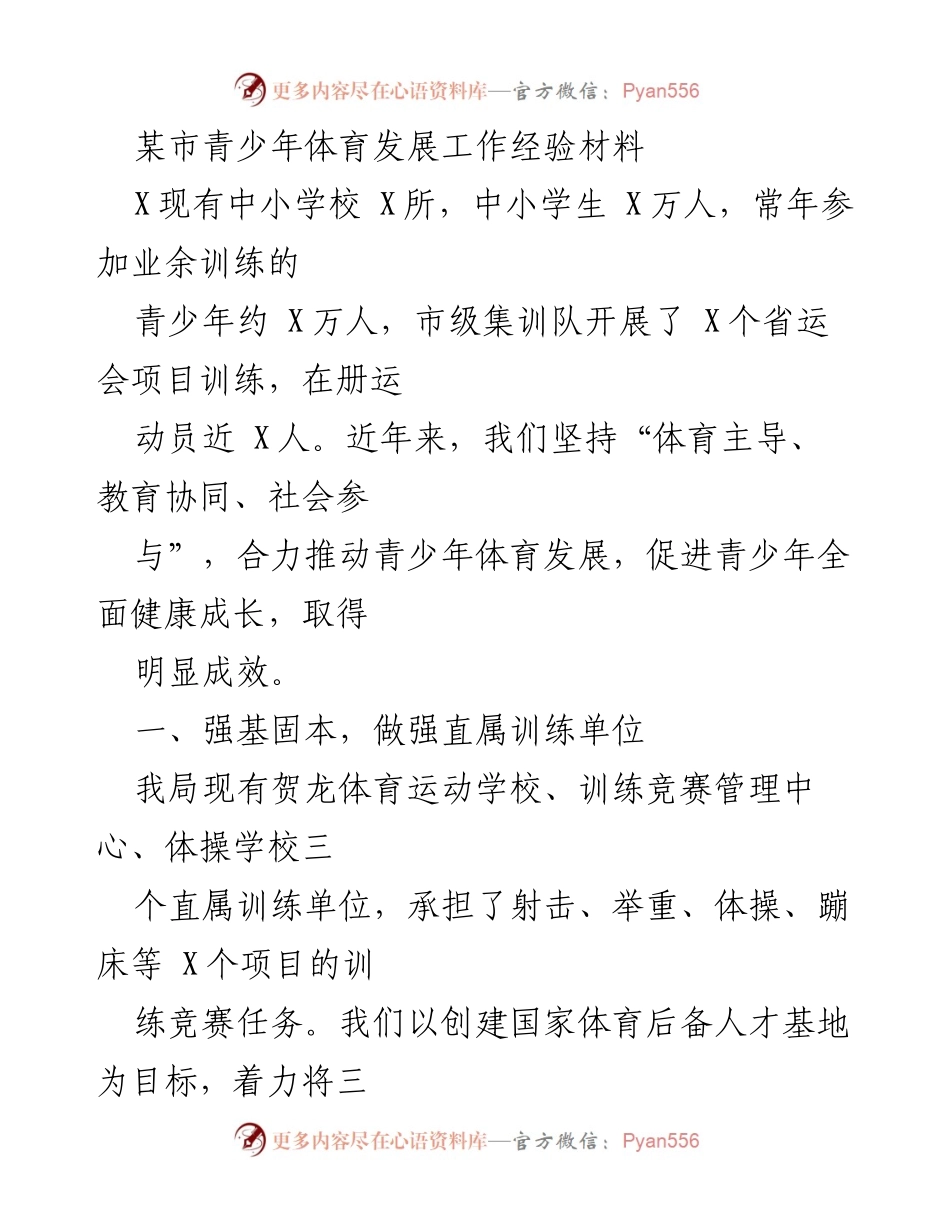 [工作总结] 青少年体育发展 - 某市青少年体育发展工作经验总结.docx_第1页