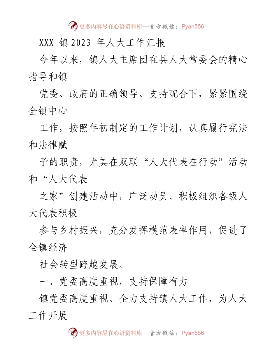 [工作总结] 镇人大工作 - 2023年XXX镇人大工作汇报.docx_第1页