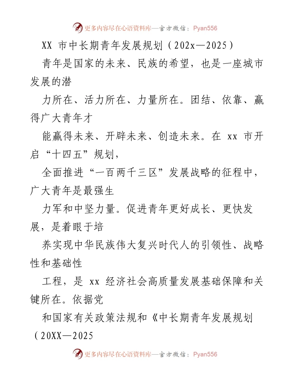 [工作总结] 青年发展规划 - XX市中长期青年发展规划（202x—2025）总结与展望.docx_第1页