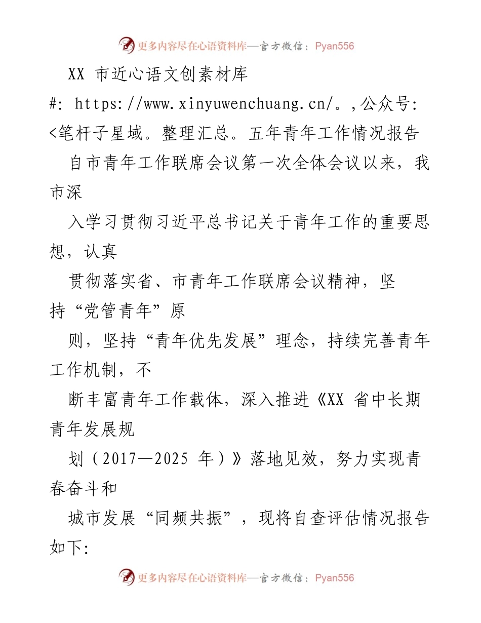 [工作总结] 青年工作联席会议 - XX市近五年青年工作情况总结报告.docx_第1页