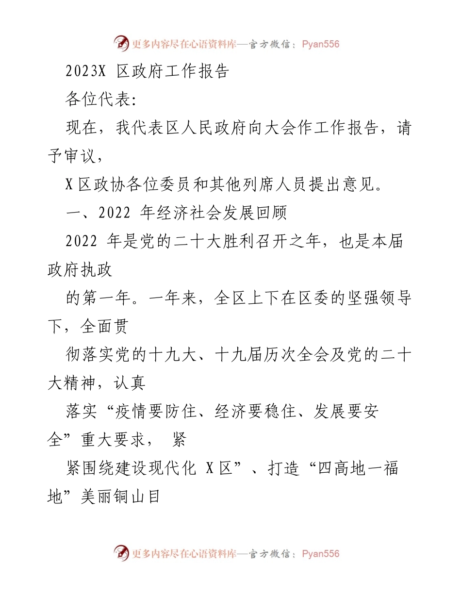 [工作报告] 区政府会议 - 2023年X区政府工作总结报告.docx_第1页
