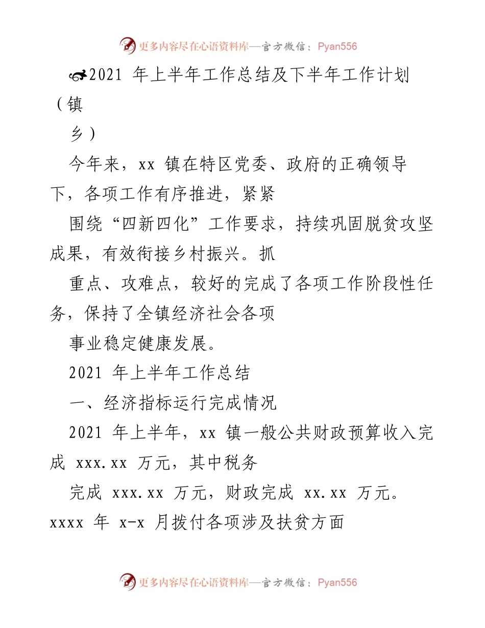 [工作总结] 镇乡 - 2021年上半年工作总结与下半年工作计划.docx_第1页