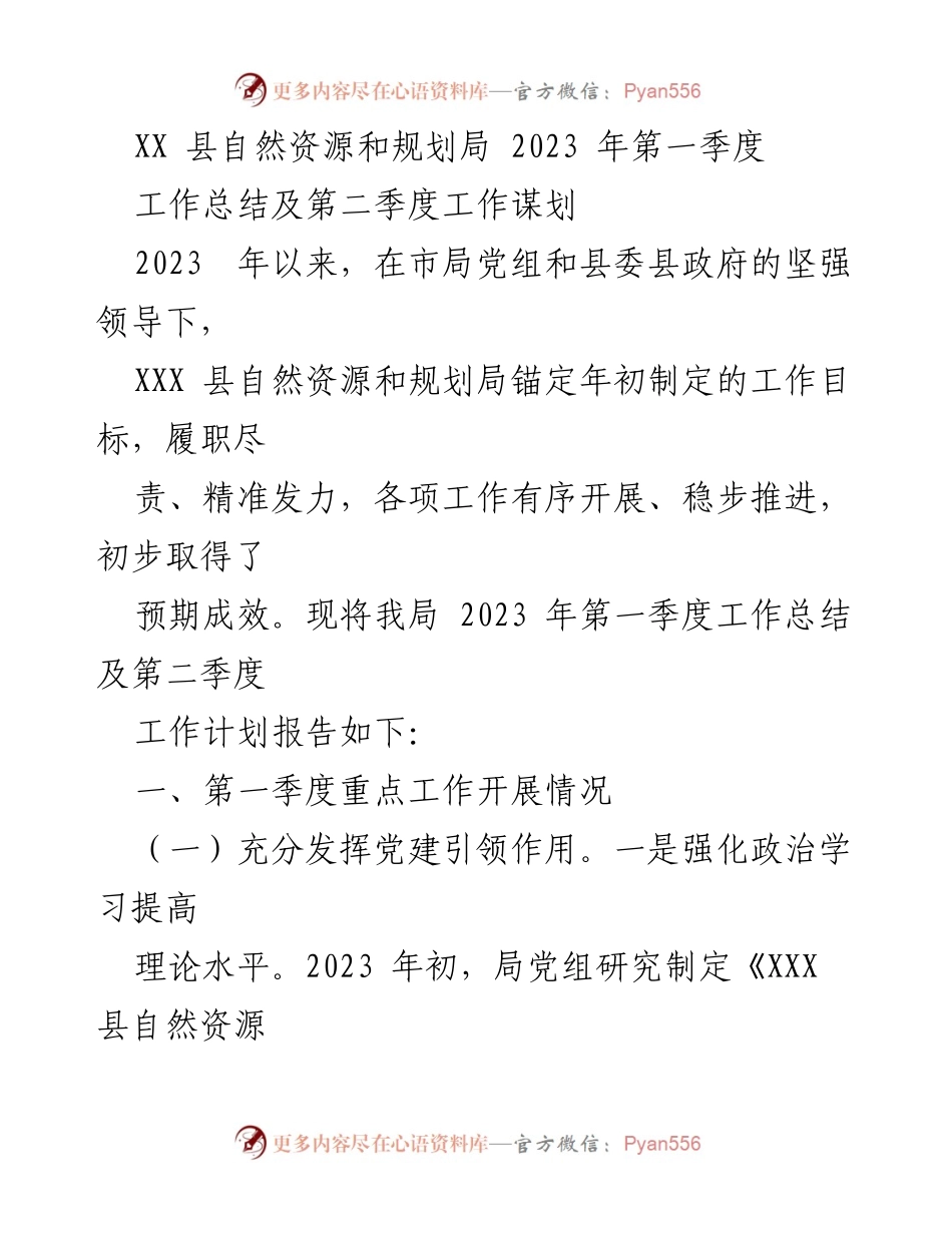 [工作总结] 自然资源和规划局 - 2023年第一季度工作总结及第二季度工作计划.docx_第1页