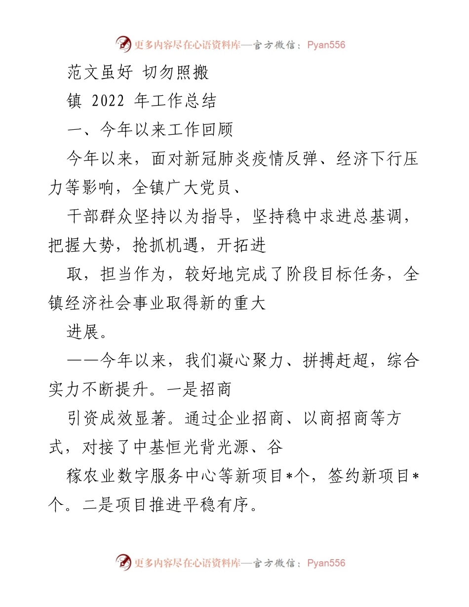 [工作总结] 镇 - 2022年镇工作总结与成就分析.docx_第1页