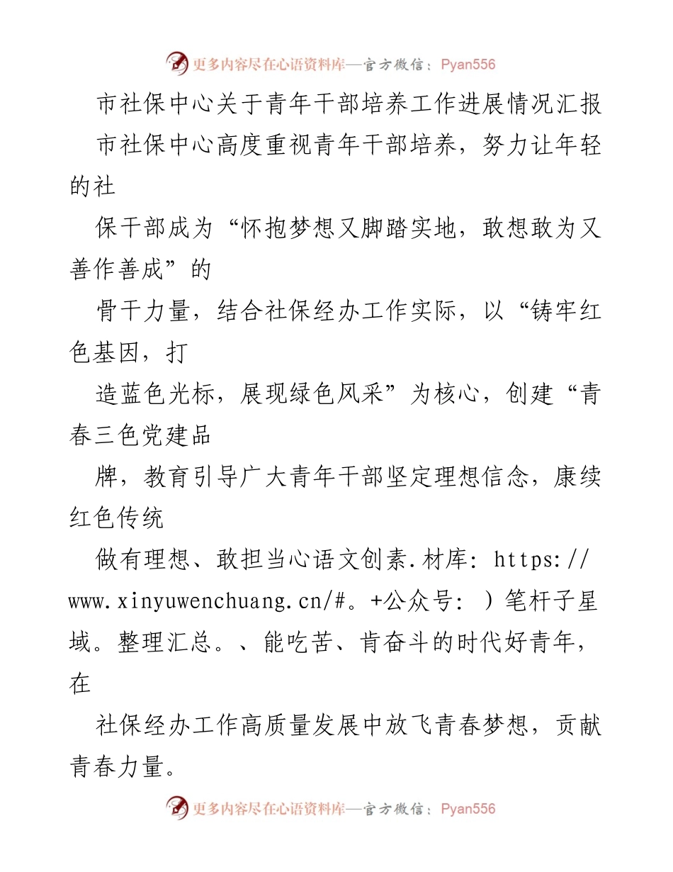[工作总结] 青年干部培养 - 市社保中心青年干部培养工作进展情况汇报.docx_第1页