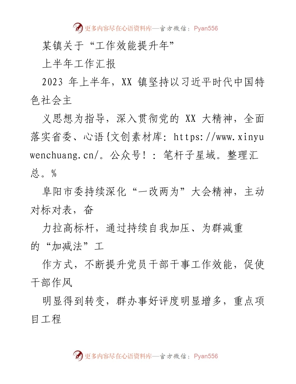 [工作总结] 镇政府 - XX镇2023年上半年工作效能提升汇报.docx_第1页