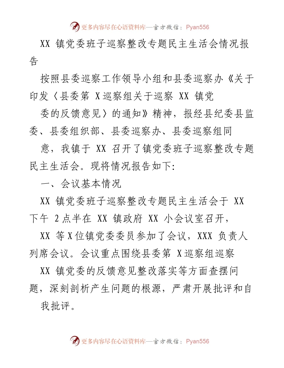 [工作总结] 镇党委 - XX 镇党委班子巡察整改专题民主生活会情况报告.docx_第1页