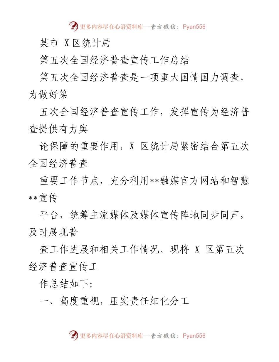 [工作总结] 经济普查宣传 - X区第五次全国经济普查宣传工作总结.docx_第1页