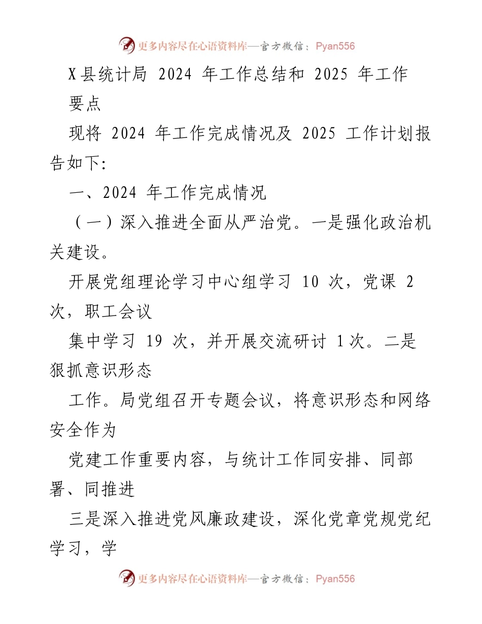 [工作总结] 统计局 - X县2024年工作总结与2025年工作计划.docx_第1页