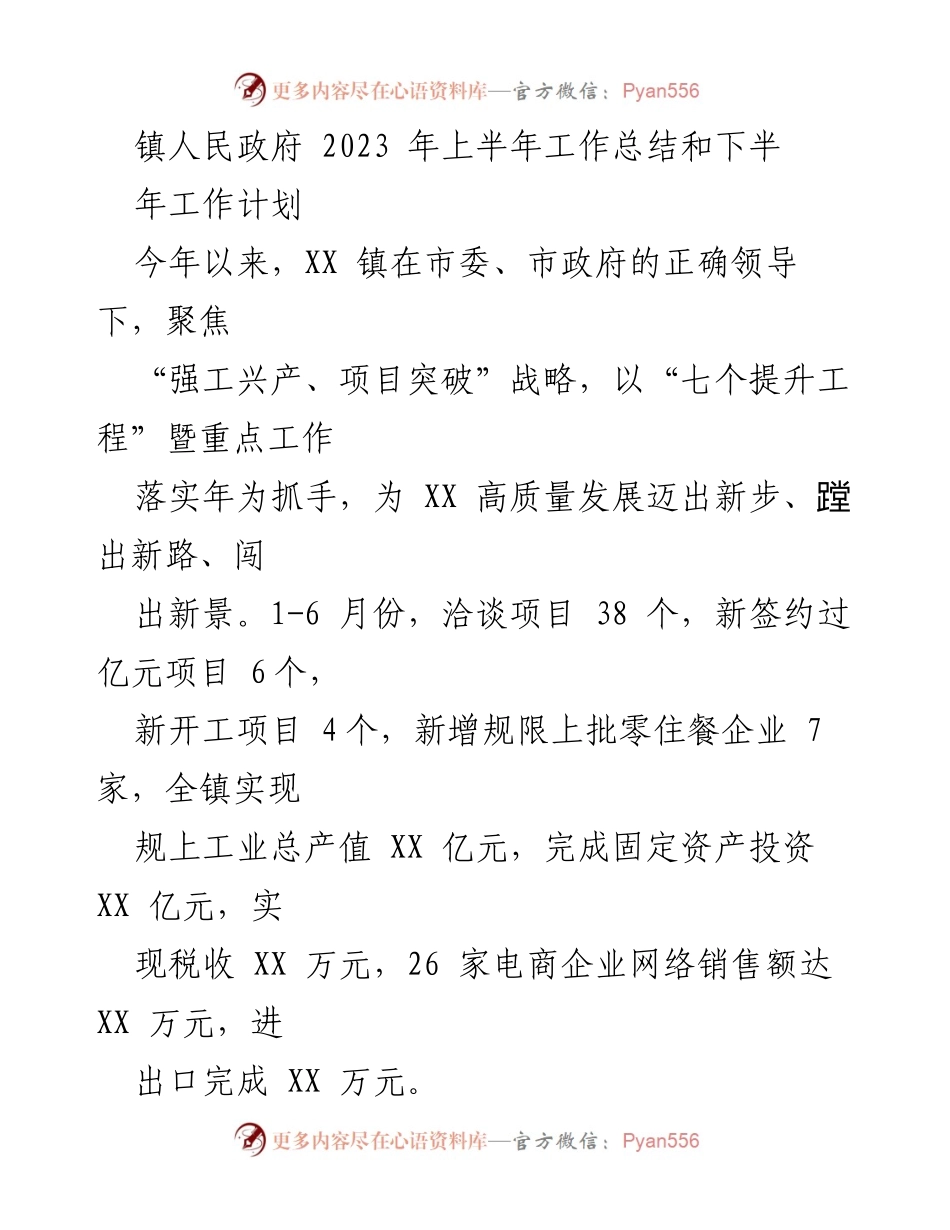 [工作总结] 镇人民政府 - 2023年上半年工作总结与下半年工作计划.docx_第1页