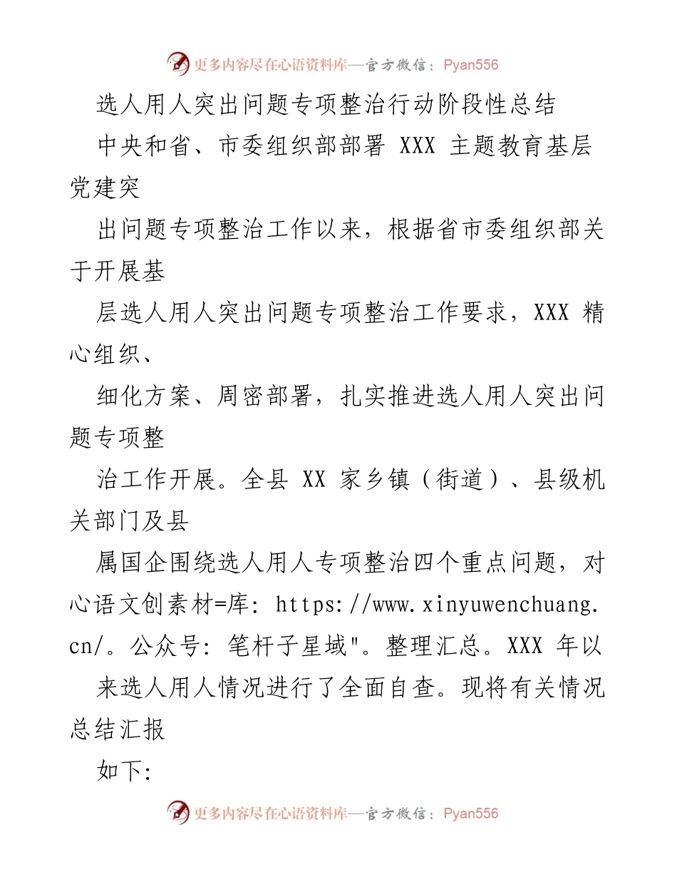 [工作总结] 选人用人专项整治工作 - 选人用人突出问题专项整治行动阶段性总结.docx_第1页