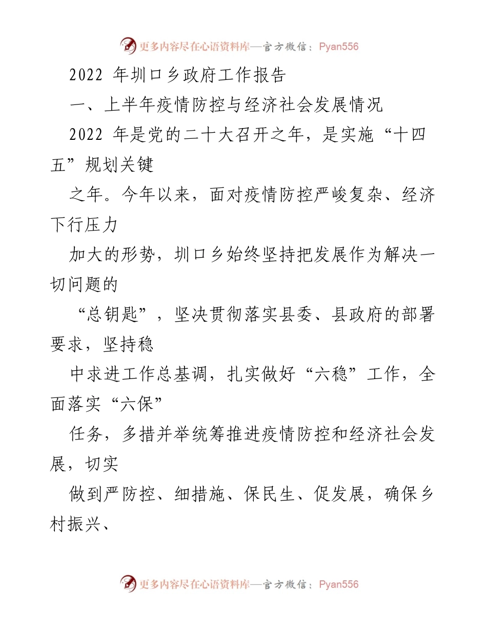 [工作报告] 乡政府 - 2022年圳口乡疫情防控与经济社会发展工作总结.docx_第1页