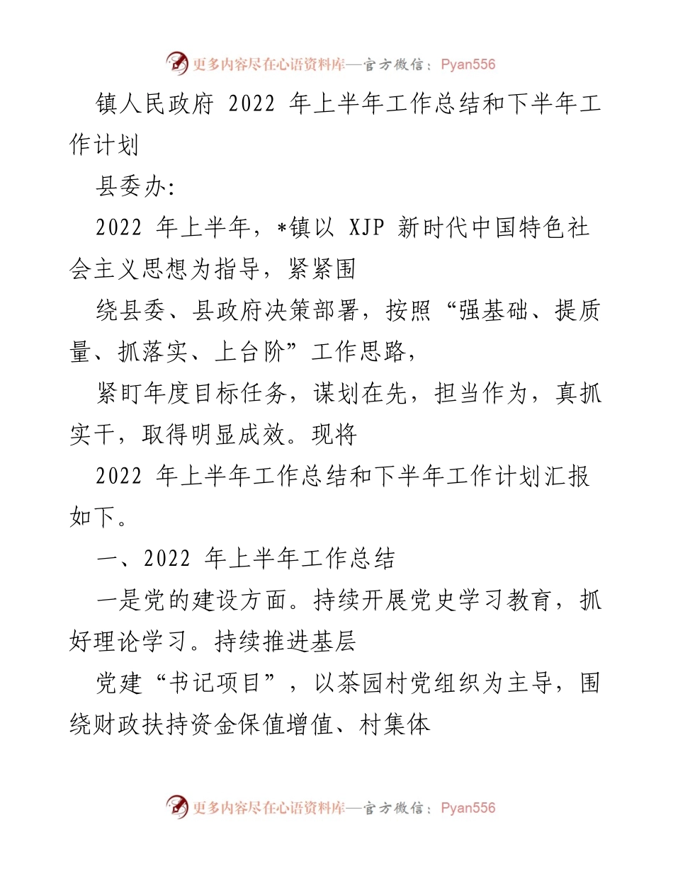 [工作总结] 镇人民政府 - 2022年上半年工作总结与下半年工作计划.docx_第1页