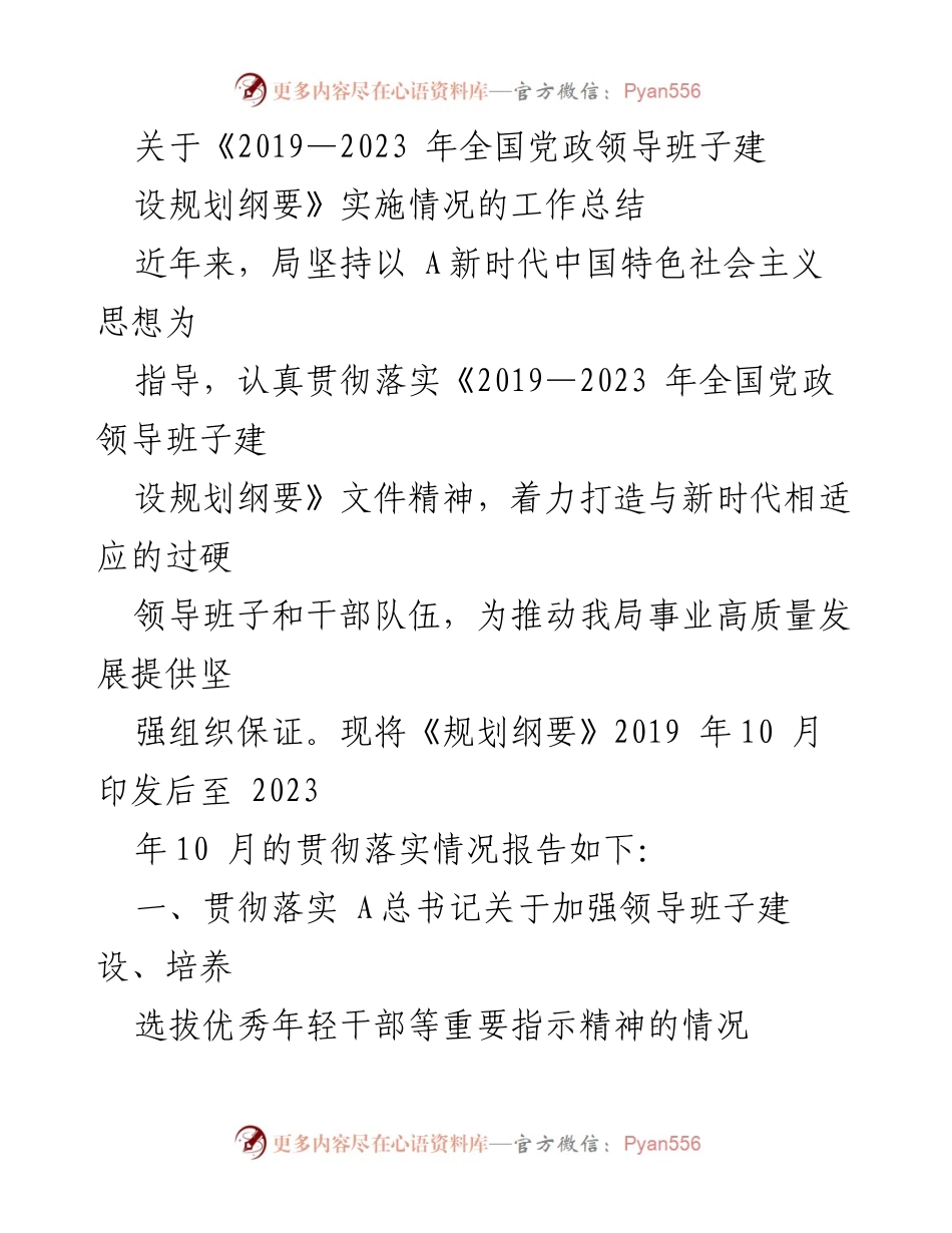 [工作总结] 贯彻落实 - 《2019—2023年全国党政领导班子建设规划纲要》实施情况工作总结.docx_第1页