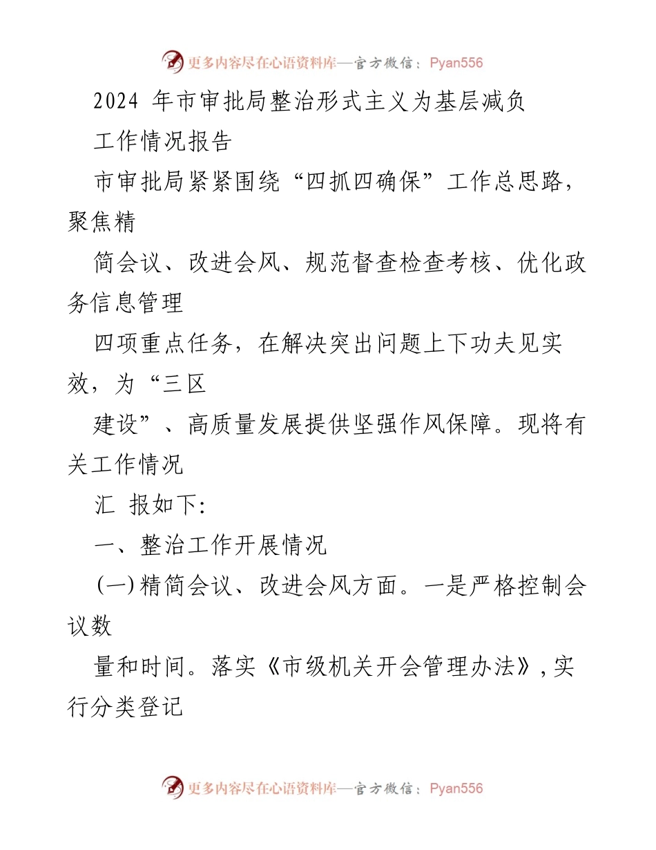 [工作情况报告] 市审批局 - 2024年整治形式主义，减轻基层负担工作总结.docx_第1页
