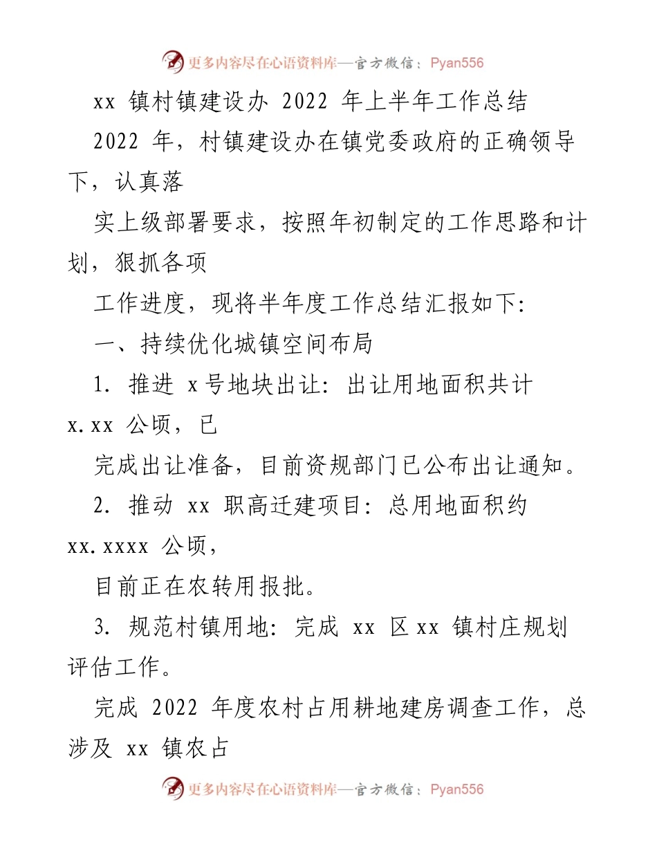 [工作总结] 镇村建设 - 2022年上半年村镇建设办工作总结.docx_第1页