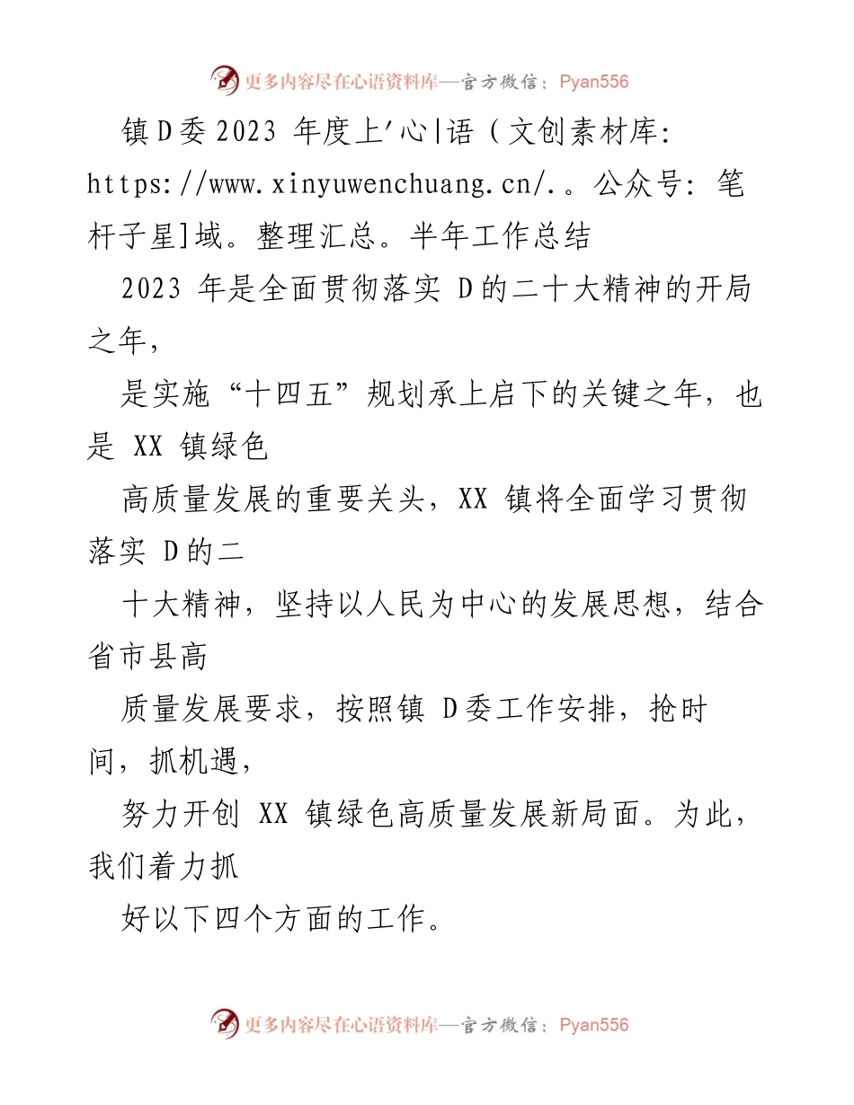 [工作总结] 镇D委 - 2023年度上半年工作总结与发展规划.docx_第1页