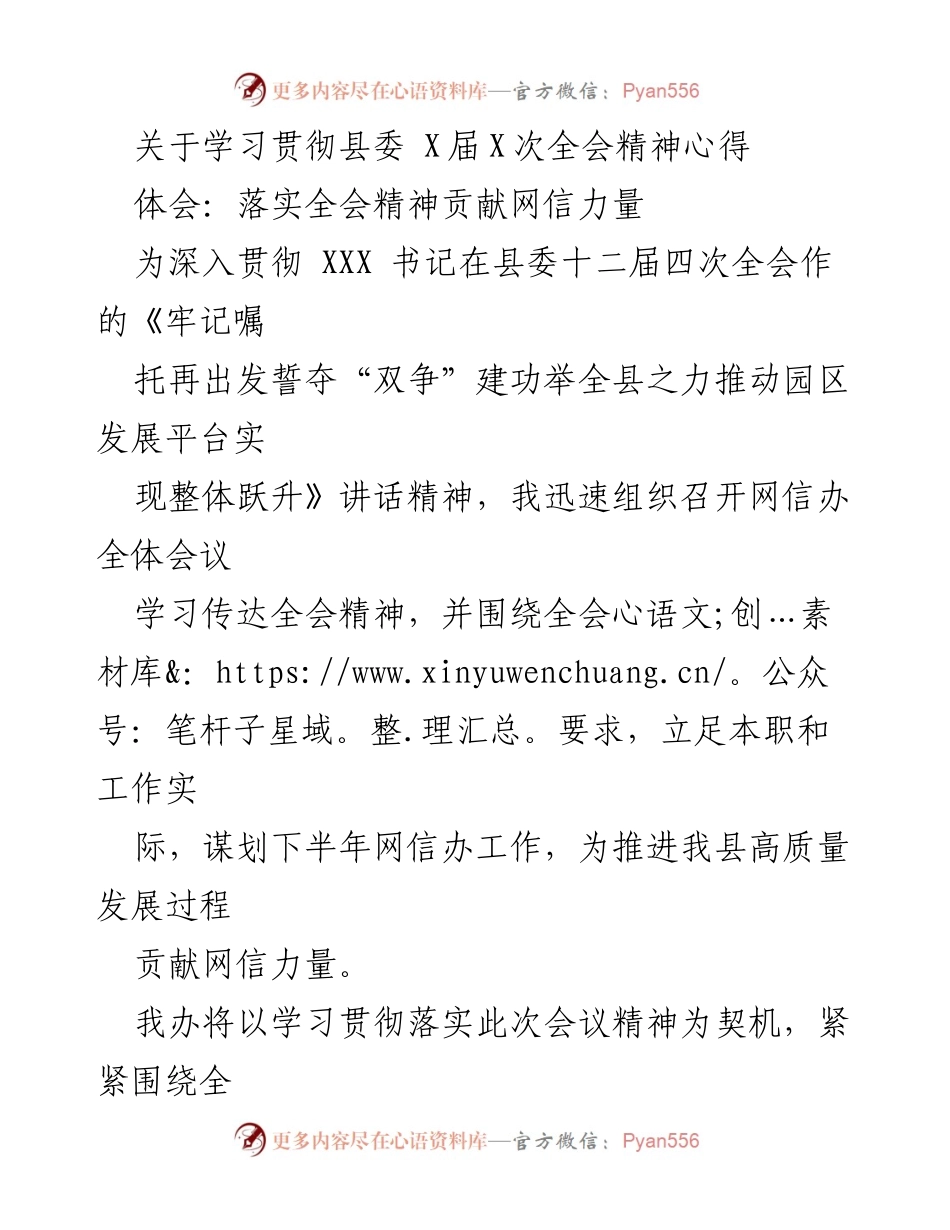 [工作总结] 网信办全体会议 - 学习贯彻县委全会精神，推动网信工作高质量发展.docx_第1页
