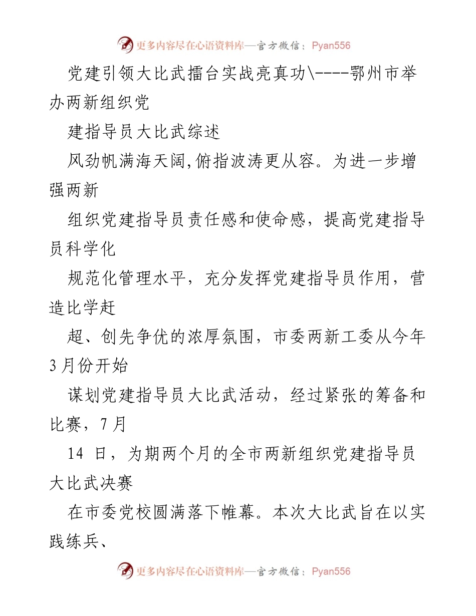 [工作总结] 鄂州市党建指导员大比武 - 党建引领，提升两新组织党建指导员能力的实践活动总结.docx_第1页