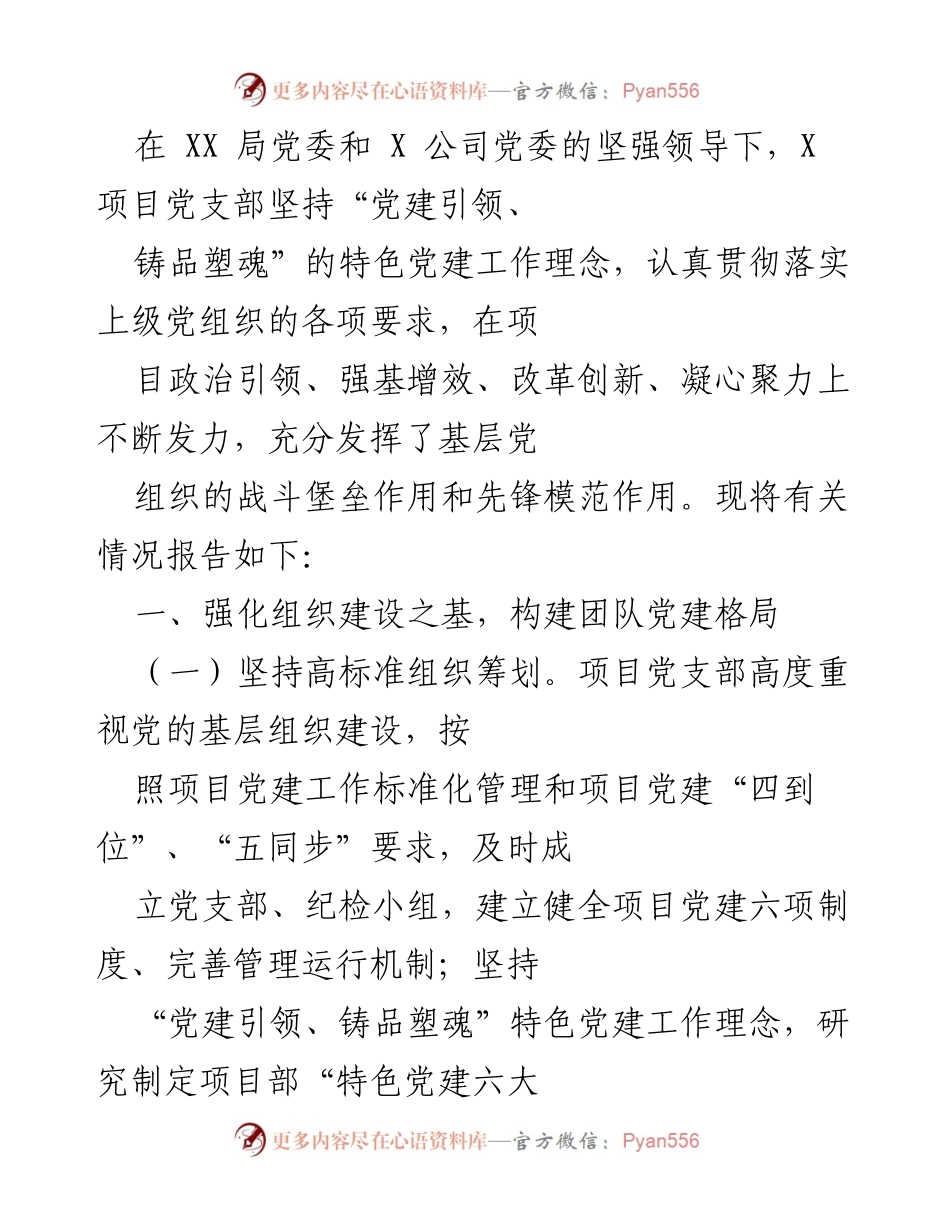 [工作总结] 项目党建工作 - 加强党建引领，推动项目高质量发展.docx_第1页