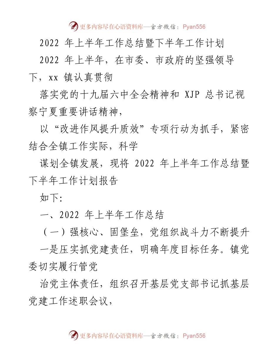 [工作总结] 镇党委会议 - 2022年上半年工作总结与下半年计划报告.docx_第1页