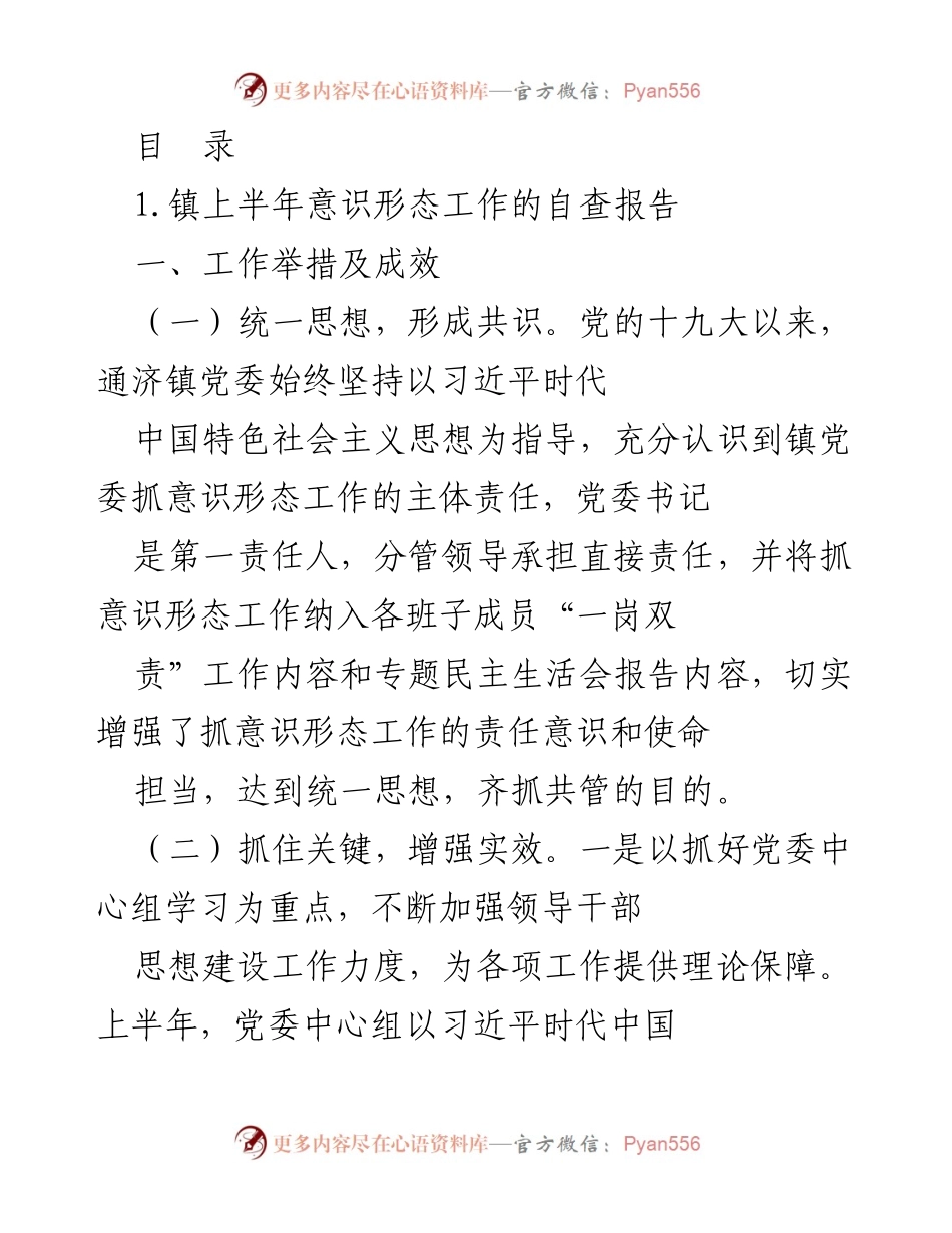 [工作总结] 通济镇上半年意识形态工作自查报告.docx_第1页